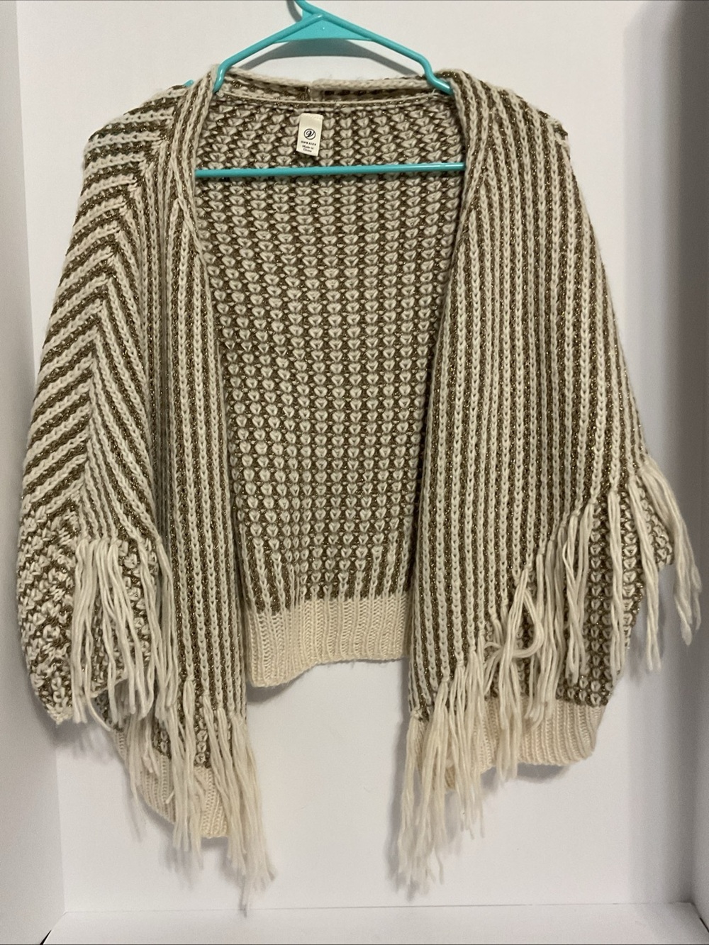 Vici Cream & Brown Fringe Knit Open-Front Cardigan